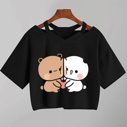 Kawaii Bubu Dudu Anime T Shirt Women Cartoon Panda Bear  Black Shirt Y2k  Aesthetic Female Crop Top