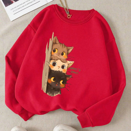 Three Little Cats Are Secretly Watching You Print 2025 Autumn Winter Hoodie Women Street Sweatshirt Basics Sporty Pullover Cloth