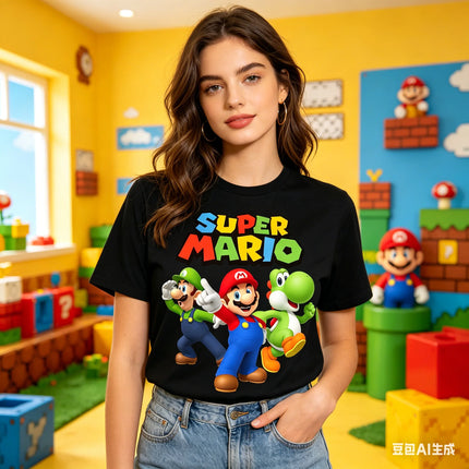 Super Mario & Luigi & Yoshi graphic unisex kids T-shirt,2026 summer New Men vintage fashion O-neck Japanese Harajuku T-shirt