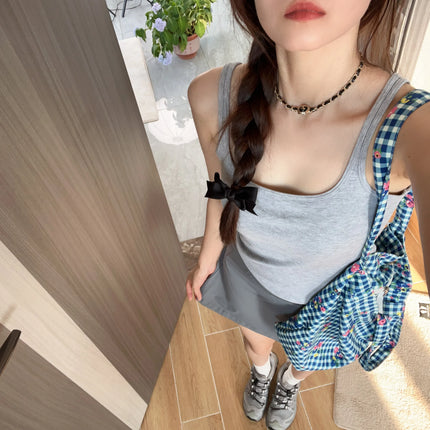 Women's Vest with Built-in Bra Pad Elastic Ribbed Square Collar Csole Tank Top ort Length  Color Versatile Summer F...