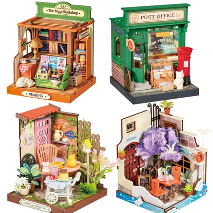 Rolife DIY Miniature House Fancy Tea Yard Kit Muse Bookshop Kit Century Postoffice Kit Sea Holiday Restaurant for Adult