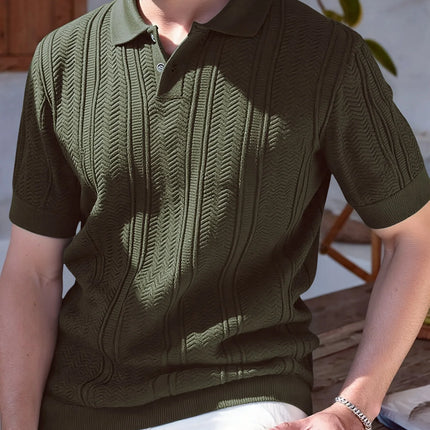 New 2026 Knitted Polo Shirt - Twisted Knit Texture Men's Summer Casual Collar Short Sleeve Buttoned Solid Color Hooded Knitted T
