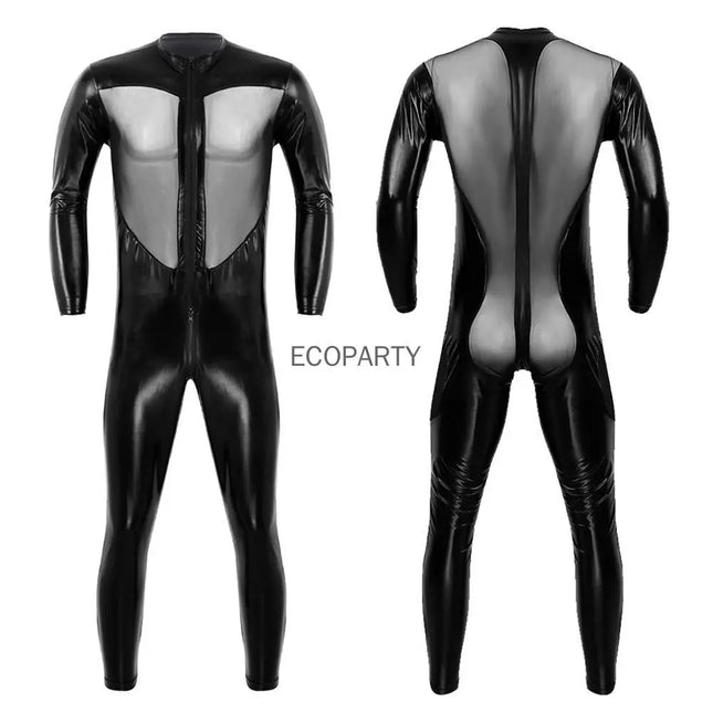 Men Faux Leather Stretch Catsuit Sexy Transparent Mesh Zipper Open Crotch Erotic Tight PVC Bodysuit Fetish Costumes ecoparty