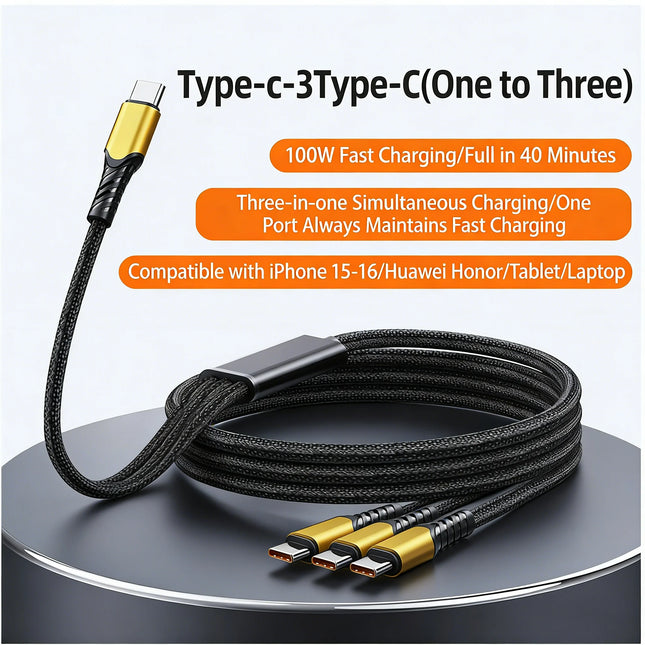 100W 3-in-1 USB C Type-C to 3 Type-C Fast Charging Cable for iPhone 17 16 15 Pro Max Huawei Xiaomi Samsung