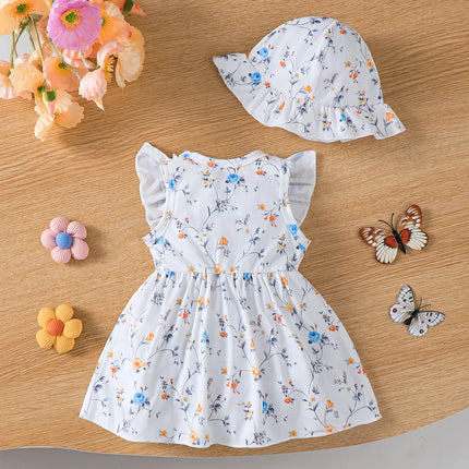 Baby clothing, Baby girl Dress Round Neck Ruffled Bow Casual Dress+Hat Set suitable for Female Babies aged 0-9 Months