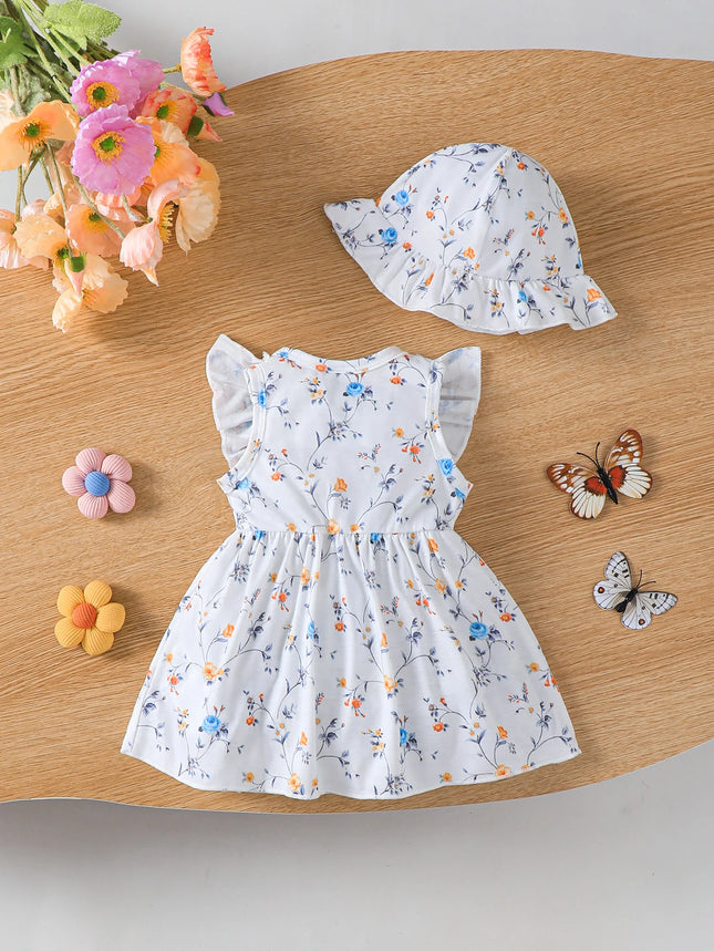 Baby clothing, Baby girl Dress Round Neck Ruffled Bow Casual Dress+Hat Set suitable for Female Babies aged 0-9 Months