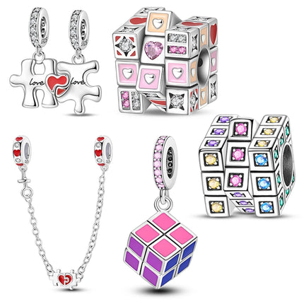 Original 925 Sterling Silver Charms Bead Inlaid Zirconium Jigsaw Puzzle Pendants Gift Fit Bracelet Jewelry DIY Marking