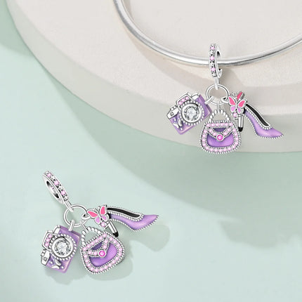 925 Sterling Silver Inlaid Heart-Shaped Beads & Rose Dangle Charm Fits Snake Bracelet Boutique Necklace Purple Pendant Gift