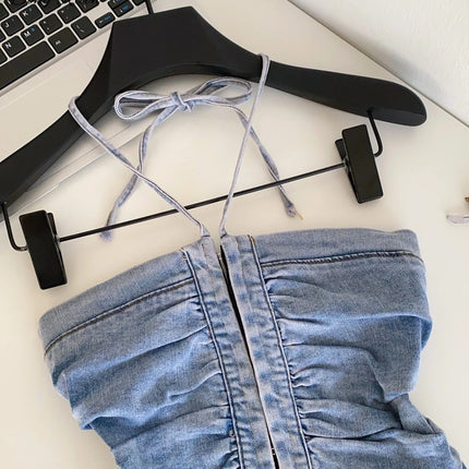 SINGREINY Beach Denim Tank Top 2026 Halter Ruched Slim Solid Camisole Streetwear Hot Girl Basics Y2K Backless Sexy Crop Top