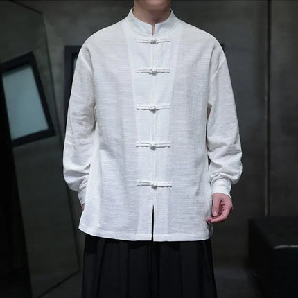 Chinese Style Men Long Sleeve Casual Shirt New 2026 Spring Vintage Mandarin Collar Loose Male Cotton Linen Tops Shirts N055