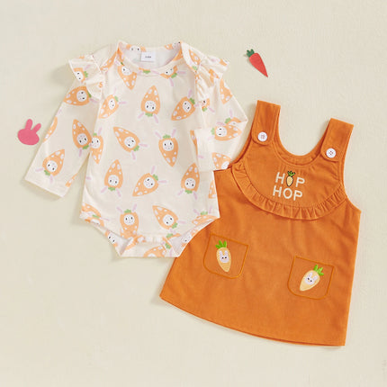Baby Girl Easter Outfit Bunny Bow Long Sleeve Romper with Overall Dress 2 Pcs Spring Set