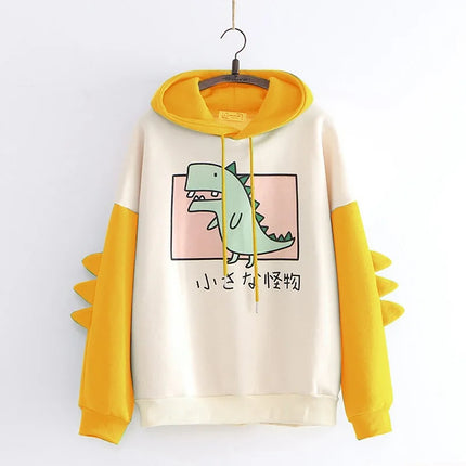 Women Dinosaur Fashion Long Sleeves Contrast Streetwear Cartoon Printed Hoodies Loose Harajuku Casual Comfortable Autumn Winter