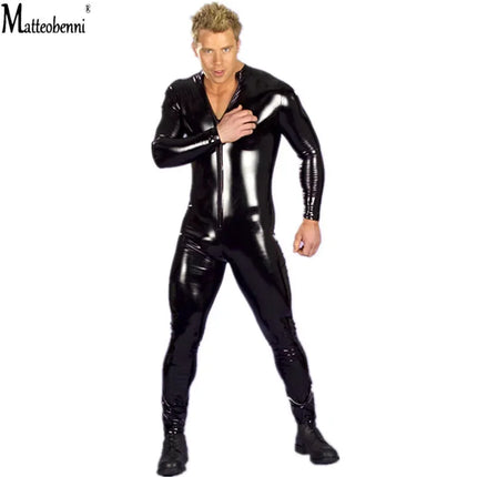 Oversized S-4XL Sexy Lingerie Men's Catsuit Faux Leather Front Zipper Crotch Bodysuit Gay Fetish Costumes Erotic Lingerie Jumpsuit