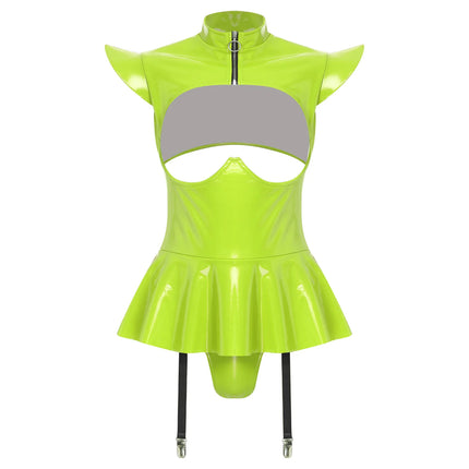 Womens Lingerie Latex Glossy Bodysuit Halter Zipper Crotch with Skit Hem And Garters Jumpsuit Raves Party Sexy Clubwear Costume