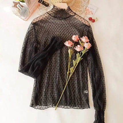Women's Black Lace Flared Sleeve Slim Fit T-Shirt Long Sleeve Round Neck Base Shirt Fashion Kimono Bottoming Top for Women