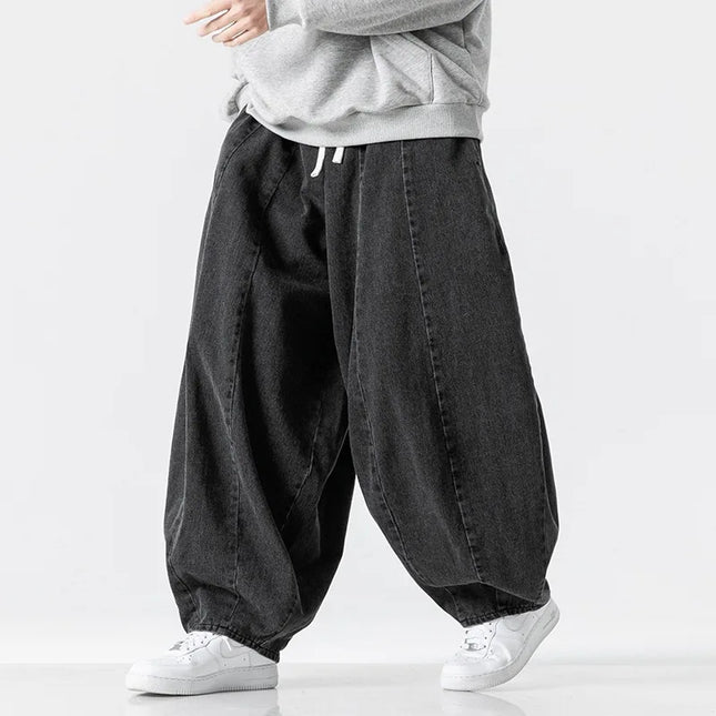New retro loose harem pants men's hip-hop denim wide leg pants men's solid color straight leg pants jeans elastic waist pants me
