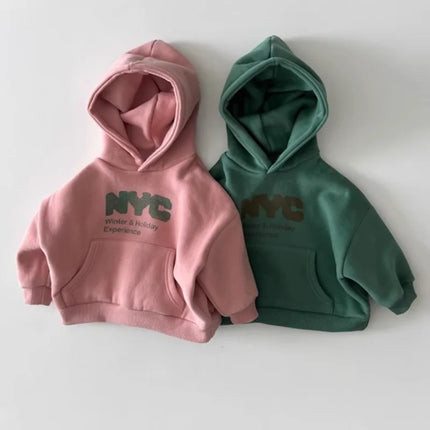 2025 Autumn New Children Long Sleeve Casual Sweatshirt Boys Girls Fleece Hoodie Kids Letter Print Warm Hooded Tops Baby Clothes