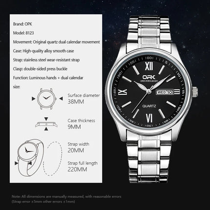 OPK 8123 Men's Fashion Quartz Wristwatch Original Waterproof Luminous Automatic Movement Dual Calendar Display Reloj