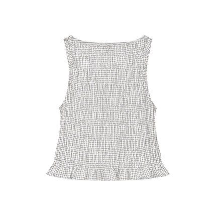 Women's Summer Smocked Tank Tops Solid Color/Plaid Sleeveless Boat Neck Ruffled Hem Slim Fit Vest