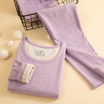 Thiened Fce Warm Underwear Set for Women round Ne Close-Fitting Pure Color Home Clothes Winter Thermal Suit