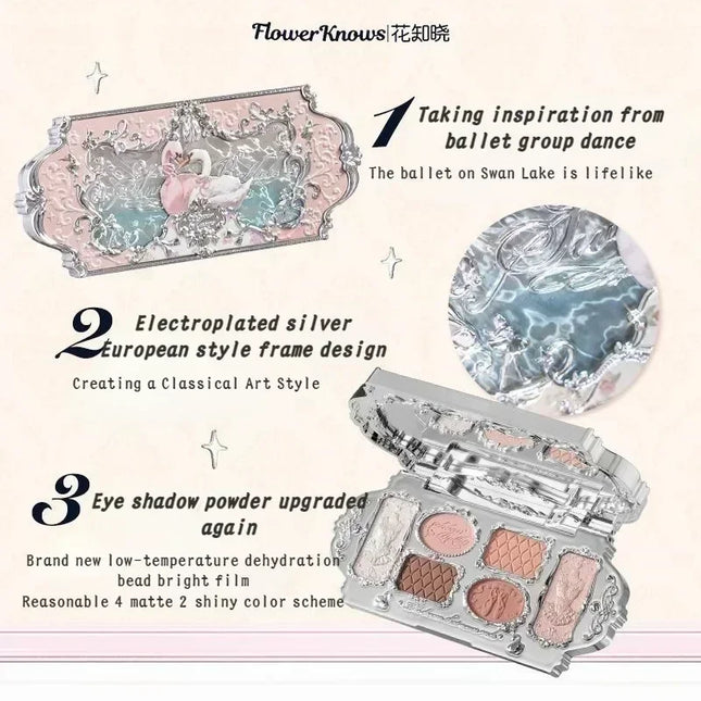 Flower Knows Swan Ballet Series Makeup 6 Color Eyeshadow Palette Matte Pearl Face Palette Glitter Palette Cosmetics