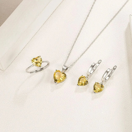 Fine 925 Sterling Silver Jewelry Gift Sets for Women Female Romantic Heart Zircon Huggie Earrings Pendant Necklace Ring