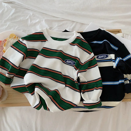 2025 Autumn Children's Clothes Girls Long-Sleeved Base Shirts Cool Boys Striped Cotton T-Shirt Teen Loose Casual 2-7Y Kids Top