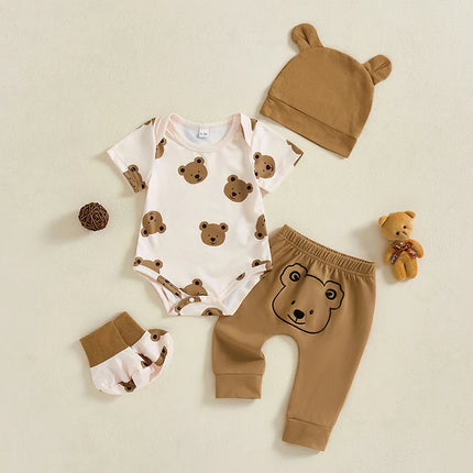 Baby Boy Summer Outfits Bear Print Short Sleeve Round Neck Romper with Pants and Hat Shoes Set
