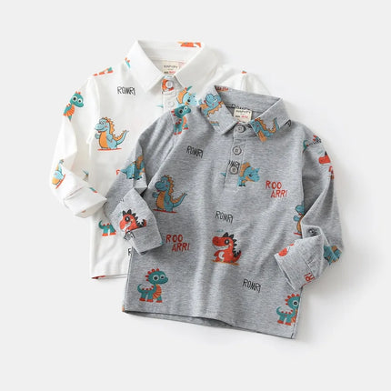 Spring Kids Boys Long Sleeve Polo Shirt 2-6Y Boys Cotton Dinosaur Print Turn-down Collar Undershirt Soft Breathable Toddler Tops