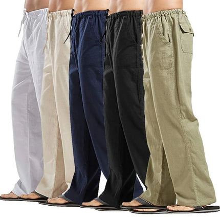 Men's Linen Loose Drawstring Pants Summer Breathable Casual Solid Color Trousers Youth Fashion Street Straight Pants