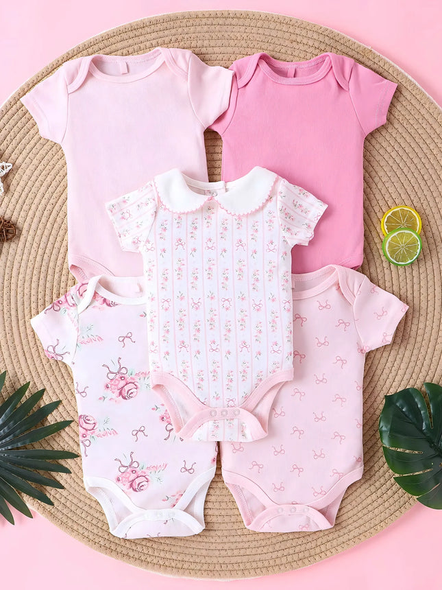 5PCS Baby Girl Clothes Baby Girls' Onesie Summer Cotton Fabric Short-Sleeved Jumpsuit Newborn Baby Clothes 0-9 Months