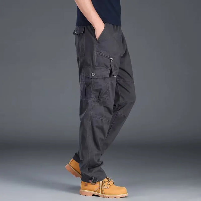 Men's Workwear Pants Multiple Pockets Outdoor Casual Trousers Wear-Resistant Loose Straight Leg Long Pants High Waist Zipper