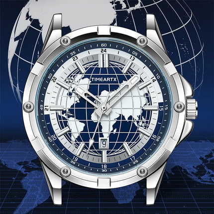 TIMEARTX mens watch Stylish Map Dial Analog Display Auto Date & Luminous Function Men's Gift Watches man (Non-Mechanical)