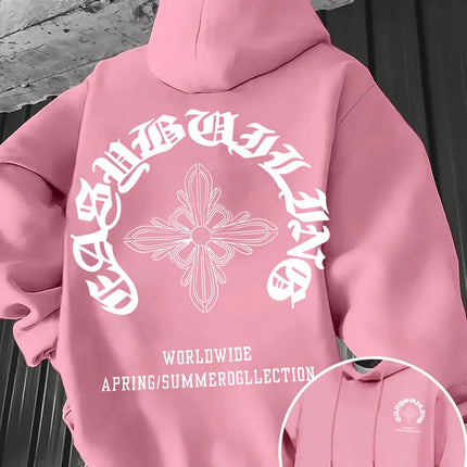 Gothic Letter Cross Pattern Men's Hoodie with Vintage Print, Loose Fit, Suitable for Autumn Winter with A Hooded Pullover Design