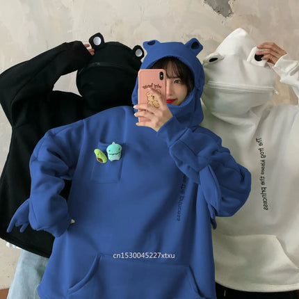 Unisex Frog Zipper Hoodie Fleece Lined Springtime Embroidery oversized Sweatshirt Harajuku Warm Pullover Korean Style Dropship
