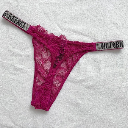 2025 New Satin Letter Rhinestone G-String Women Underwear Sexy Lace Lingerie Low Waist Seamless Panties Panties