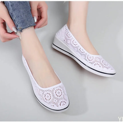 2025 new Summer Mid Wedge Heel comfortable shoes Lace Hollow Breathable Solid color Fashionable Women's Flat Shoes