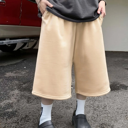 Men Solid Color Casual Capri Shorts Loose Wide Leg Baggy Mid Length Streetwear Daily Sports Pants