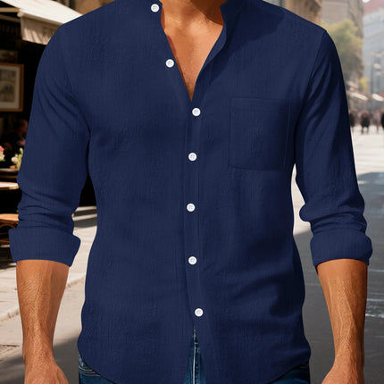 Autumn men's clothing 2025 new item men's solid color cotton and linen shirt stand up collar cardigan long sleeved casual busine