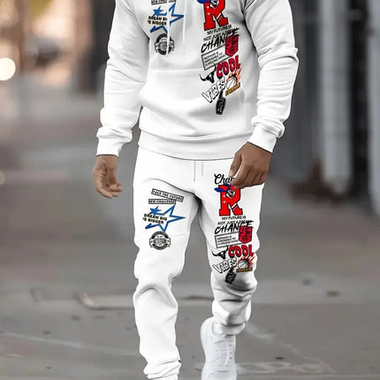 The new men's hoodie set for Spring and Autumn 2025 features a casual fashionable and comfortable 3D letter pattern print