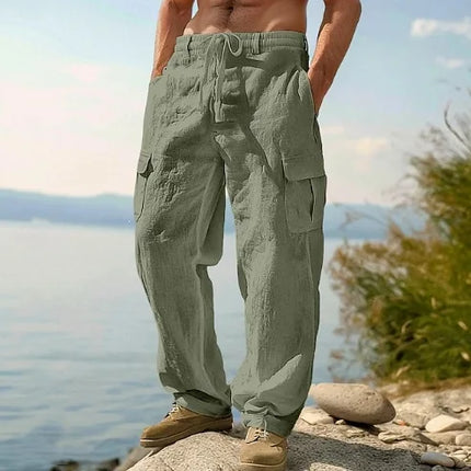 2026 Summer Men'S Cotton And Linen Pants Multiple Pockets Breathable Loose Drawstring Straight Leg Pants Sports And Casual Pants