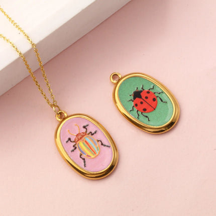 2 Pcs 304 Stainless Steel Insect Charms 18K Gold Plated Oval Printed Ladybug Beetle Pendants For DIY Necklace 28mm X 17.5mm