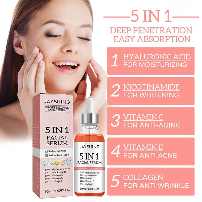5 In 1 Face Serum 30% Vitamin C Moisturizing Whitening Anti Wrinkle Aging Niacinamide Hyaluronic Acid Facial Serum SkinCare 30ml