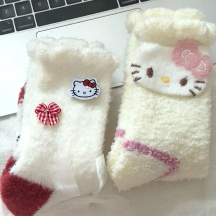 New Sanrio Hello Kitty Anime Merchandise Cartoon Cute Thick Warm Plush Socks Creative Kawaii Girl Heart Mid-Calf Socks Wholesale