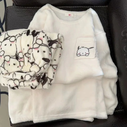 New Sanrio kawaii anime hello kitty cute cartoon girls winter flannel plus velvet thickened pajamas home clothes set gift