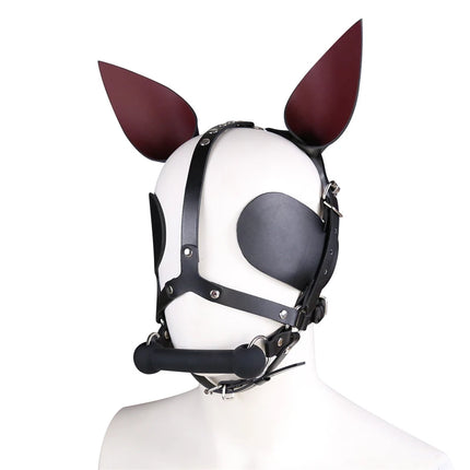 BDSM Fetish Leather Harness Head Piece Hood Mask With Silicone Bone Mouth Gag Ears Eye Shade Bit Blindfold For Pony Pet Cosplay