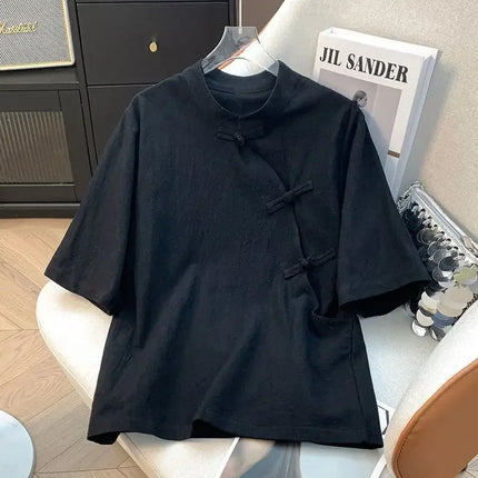 Slim Fit Cotton Linen Short Sleeve Shirt Stand Collar Side Button Thin New Chinese Zen Style Tea Clothing Women Summer Shirt