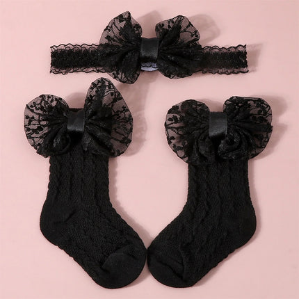 3-12M Newborn Baby Girls Socks Headband Set Cute Breathable Knit Bow Princess Dress Socks for Party, Wedding, Photography