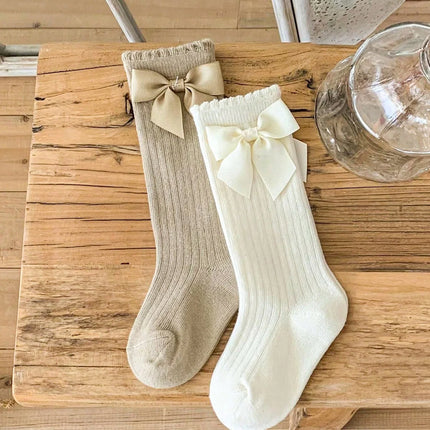 2 Pairs Girls Socks with Side Bowknots Decoration,Fashion Soft and Breathable Non-Slip Princess Stockings for 0-72 Months Babies
