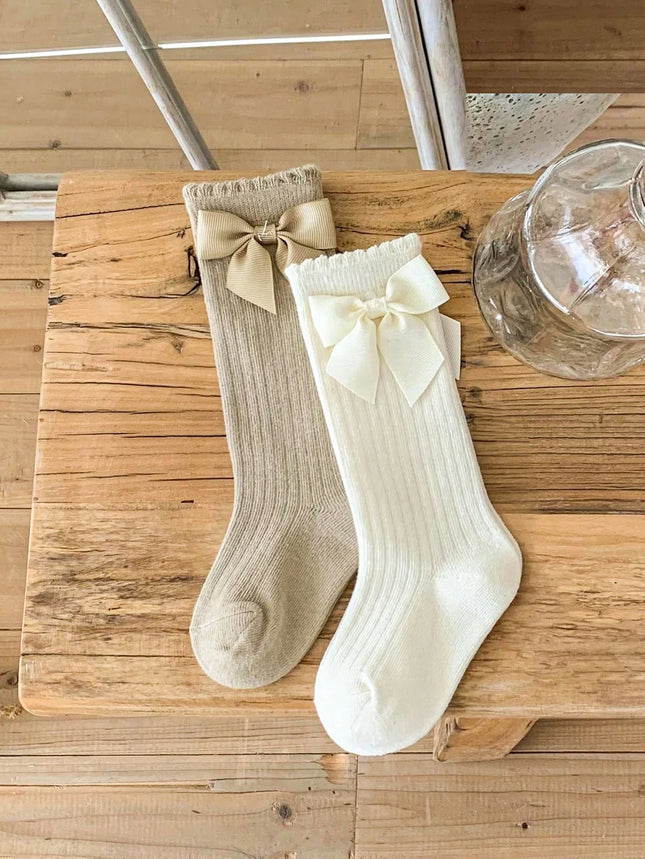 2 Pairs Girls Socks with Side Bowknots Decoration,Fashion Soft and Breathable Non-Slip Princess Stockings for 0-72 Months Babies